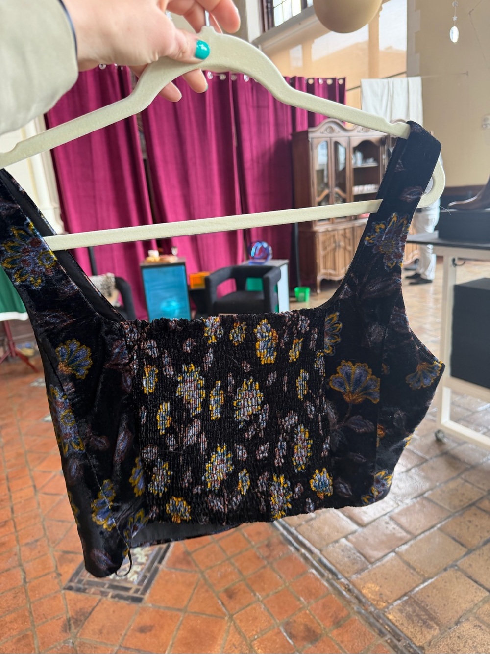 Rachel Zoe Black Velvet Smocked Floral Crop Top with Gold and Blue Accents